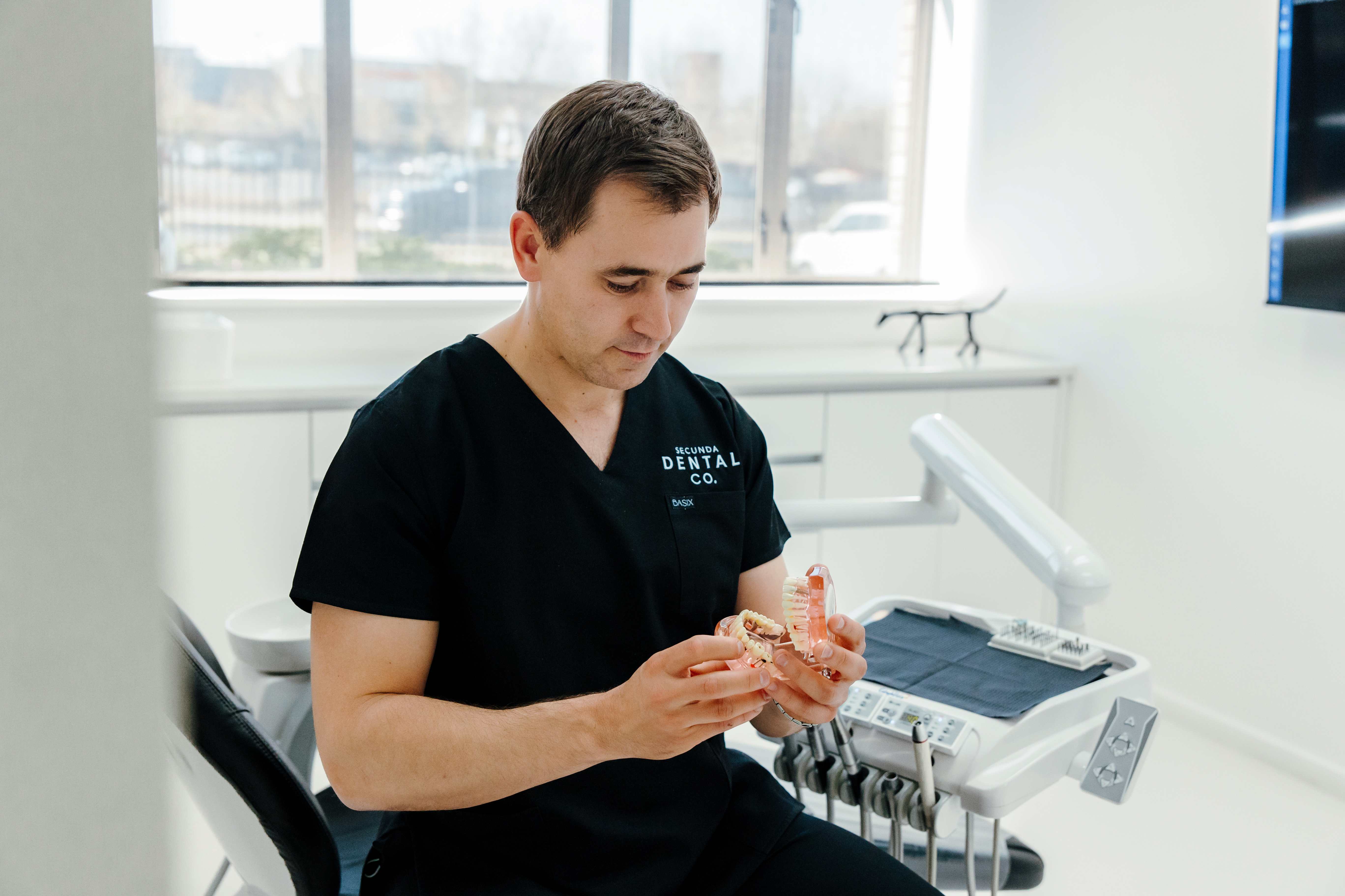 Dentist examining dental model